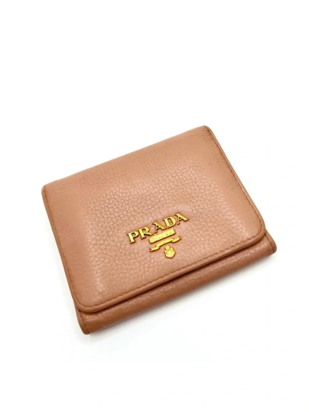 Authentic PRADA Nude Beige Soft Leather x Gold Compact Trifold Wallet